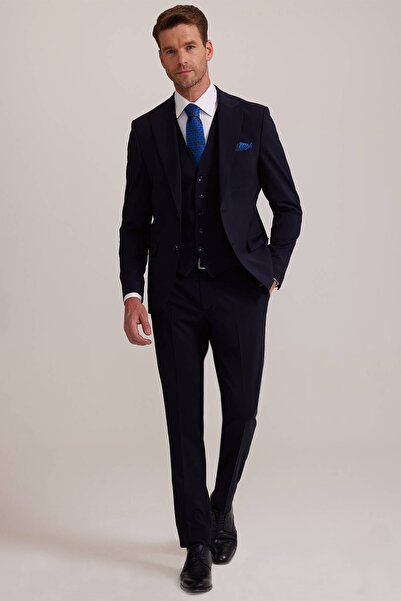 Ysf Erkek Koyu Lacivert Sivri Yaka Slim Fit Yelekli Takım Elbise