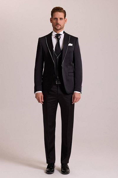 Ysf Men's Black Slim Fit Swallow Collar Vest Groom Suit