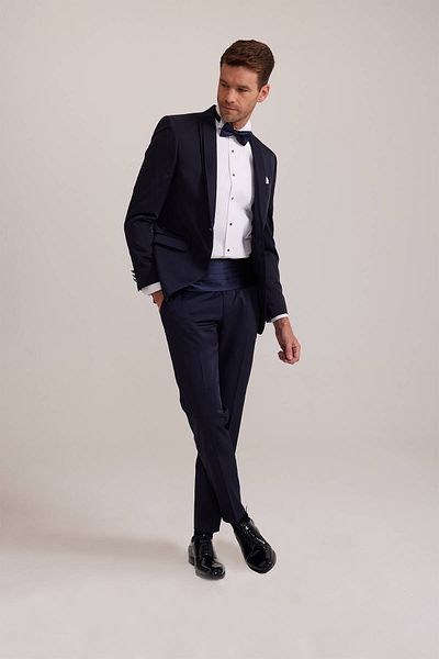 Ysf Men's Navy Blue Slim Fit Swallow Collar Groom Suit
