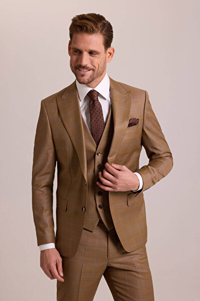 Ysf Erkek Taba Slim Fit Sivri Yaka Yelekli Yün Takım Elbise