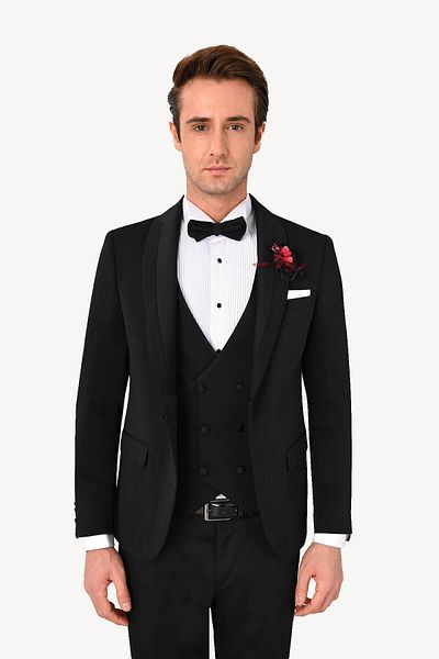 Ysf Men's Black Slim Fit Shawl Collar Vest Groom Suit
