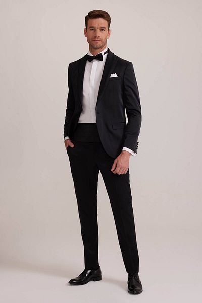 Ysf Men's Black Slim Fit Swallow Collar Groom Suit