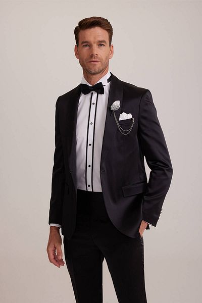 Ysf Men's Black Slim Fit Shawl Collar Groom Suit