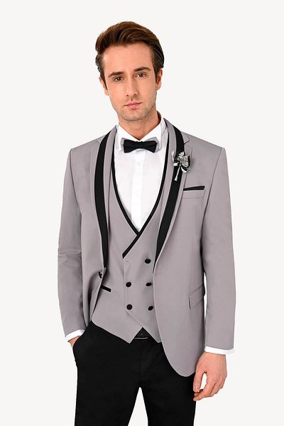 Ysf Men's Gray Slim Fit Vest Shawl Collar Groom Suit