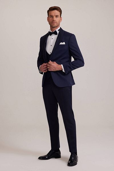 Ysf Men's Navy Blue Slim Fit Shawl Collar Groom Suit with Vest