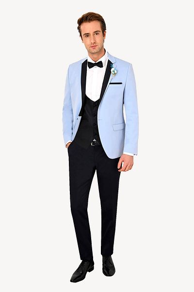 Ysf Men's Light Blue Slim Fit Mono Collar Vest Groom Suit