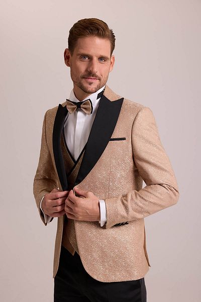 Ysf Men's Beige Groom Suit Slim Fit Swallow Collar Patterned