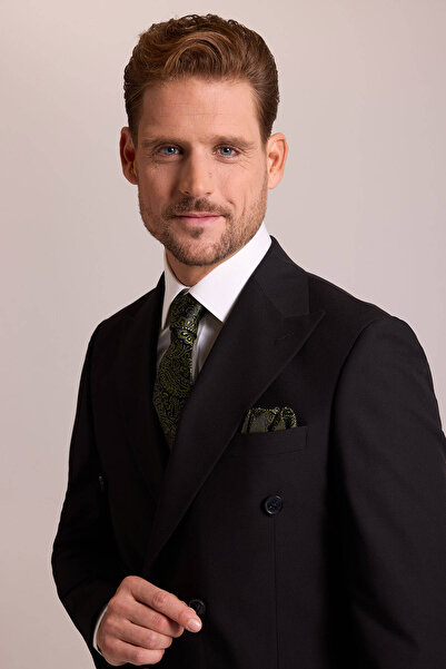 Ysf Erkek Siyah Yünlü Kruvaze Yaka Regular Fit Takım Elbise