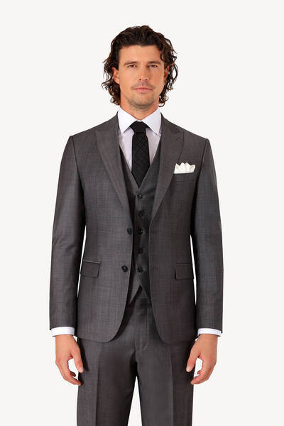 Ysf Erkek Gri Slim Fit Çift Yırtmaç Yelekli Takım Elbise