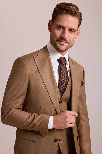 Ysf Erkek Taba Slim Fit Sivri Yaka Yelekli Yün Takım Elbise