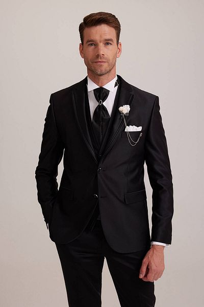 Ysf Men's Black Pleated Slim Fit Swallow Collar Vest Groom Suit