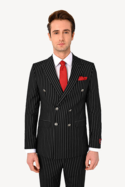Ysf Erkek Kruvaze Çizgili Regular Fit Takım Elbise