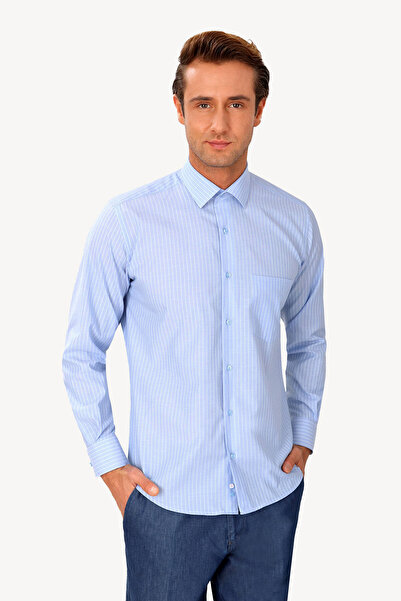 Ysf Erkek Mavi Çizgili Uzun Kol Klasik Gömlek