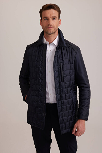 Ysf Erkek Lacivert Regular Fit Kare Desenli Yakalı Kaban