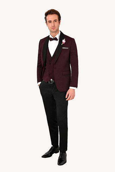 Ysf Men's Burgundy Slim Fit Vest Dislocation Shawl Collar Groom Suit