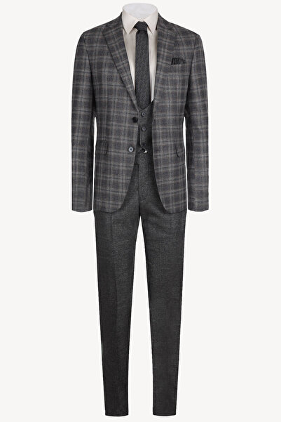 Ysf Erkek Gri Kahve Yelekli Ekose Regular Fit Takım Elbise