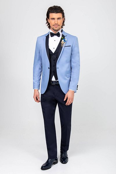 Ysf Men's Blue Slim Fit Groom Suit with Vest