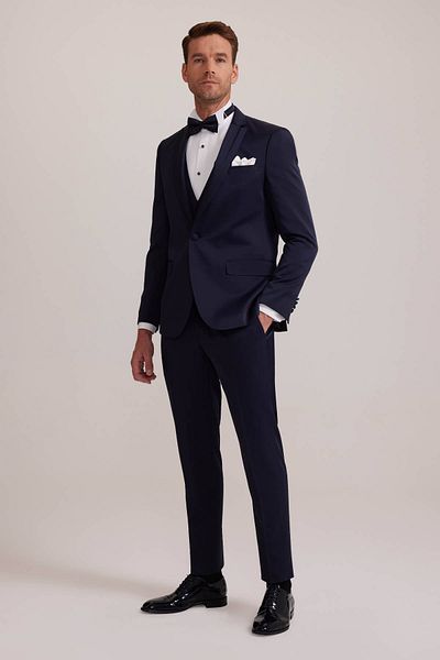 Ysf Men's Navy Blue Vest Mono Collar Slim Fit Groom Suit