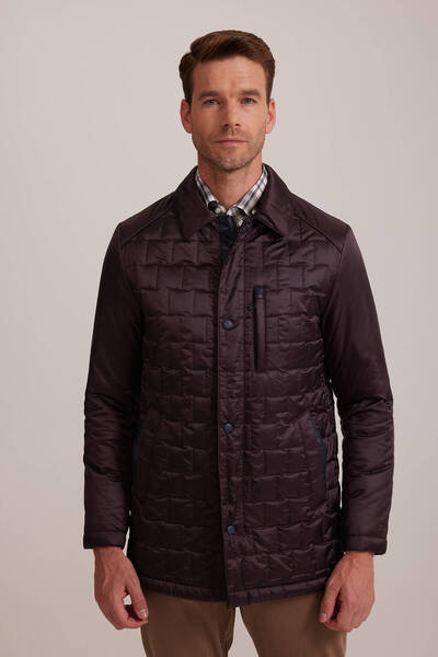 Ysf Erkek Mürdüm Regular Fit Kare Desenli Yakalı Kaban