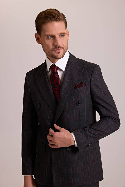 Ysf Erkek Füme Regular Fit Kruvaze Yün Takım Elbise