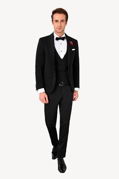 Ysf Men's Black Slim Fit Shawl Collar Vest Groom Suit