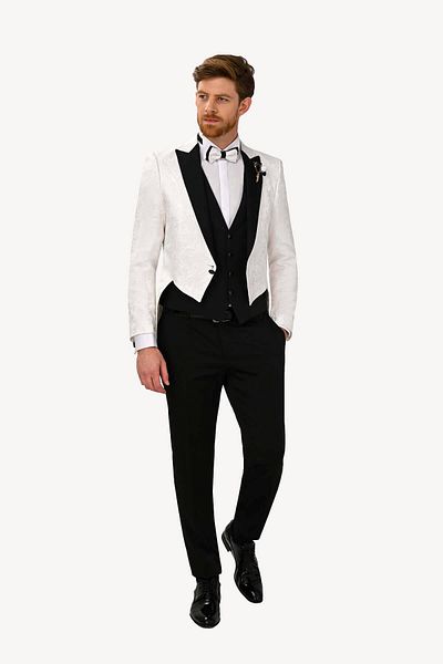 Ysf Men's Ecru Silim Fit Patterned Groom Suit