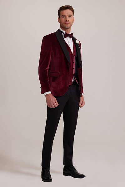 Ysf Men's Claret Red Shawl Collar Slim Fit Groom Suit with Vest