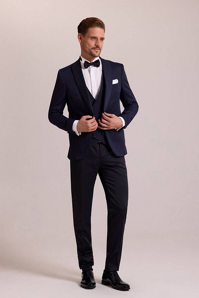 Ysf Men's Navy Blue Swallow Collar Vest Patterned Slim Fit Groom Suit