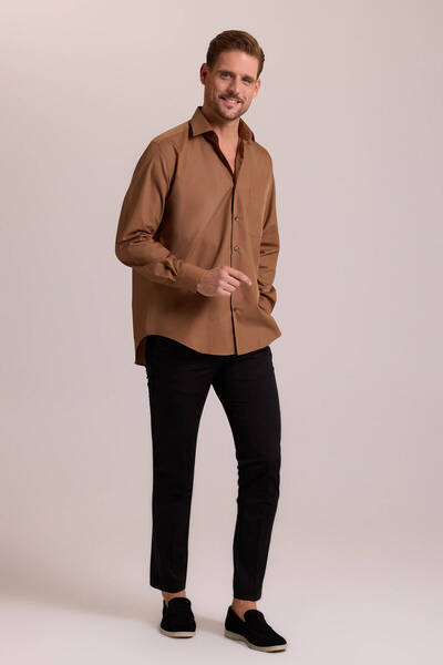 Ysf Erkek Kahverengi Uzun Kol Klasik Pamuklu Gömlek