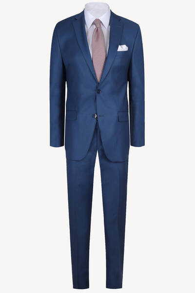 Ysf Erkek Saks Mavisi Slim Fit %100 Yün Takım Elbise