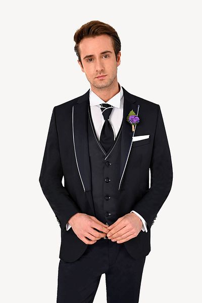 Ysf Men's Navy Blue Vest Mono Collar Slim Fit Groom Suit