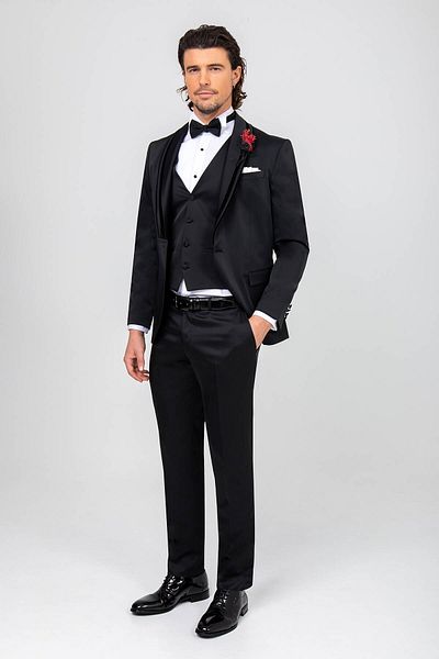 Ysf Men's Black Slim Fit Shawl Collar Vest Groom Suit