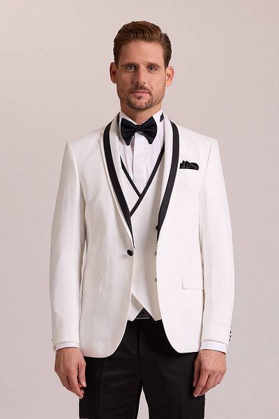 Ysf Men's Cream Slim Fit Vest Shawl Collar Groom Suit