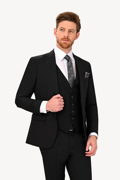Ysf Men's Black Pointed Collar Slim Fit Suit with Vest
