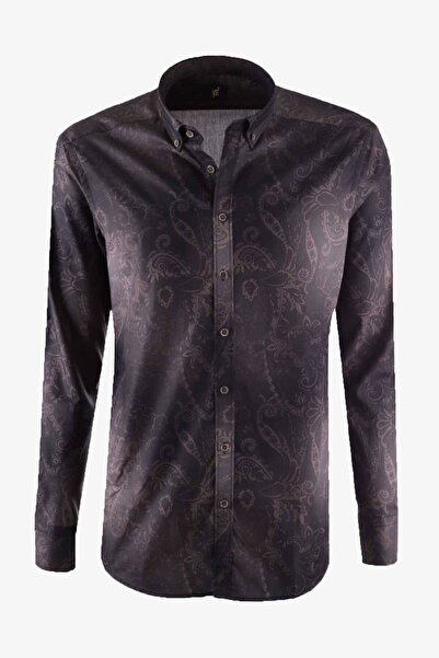 Ysf Erkek Eskitme Kahve Desenli Yarım Italyan Slim Fit Gömlek