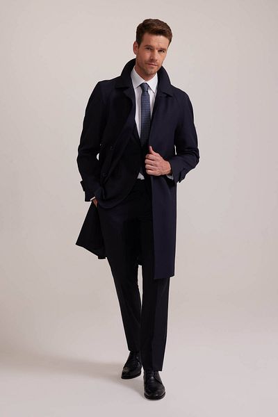 Ysf Men's Navy Blue Regular Fit Gabardine Overcoat