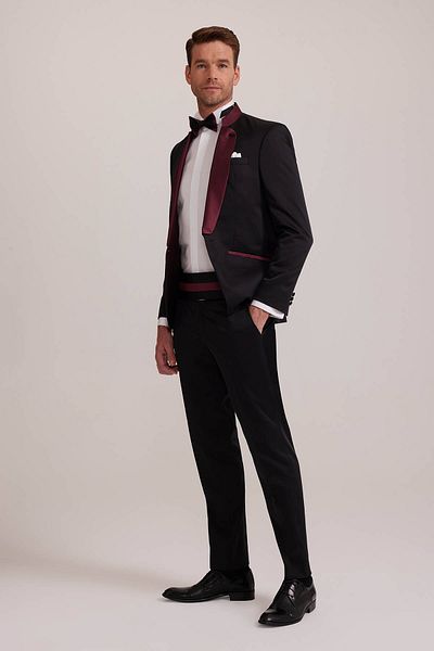Ysf Men's Burgundy Black Slim Fit Shawl Judge Collar Groom Suit