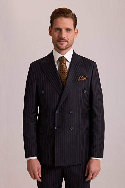Ysf Erkek Siyah Çizgili Regular Fit Kruvaze Takım Elbise