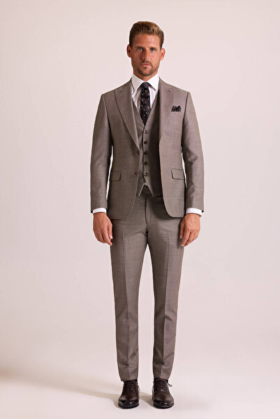 Ysf Erkek Bej Slim Fit Sivri Yaka Yelekli Takım Elbise