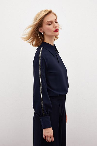 Sateen Pearl Detailed Sleeves - Navy Blue Blouse