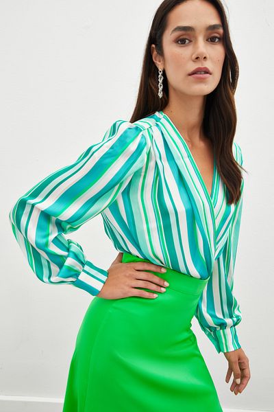 Sateen Striped Bodysuit Blouse - Green