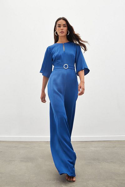 Sateen Belted Crepe Jumpsuit - Sax Blue