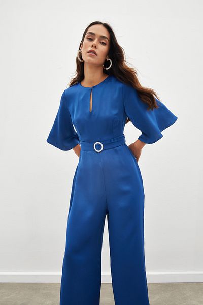 Sateen Belted Crepe Jumpsuit - Sax Blue