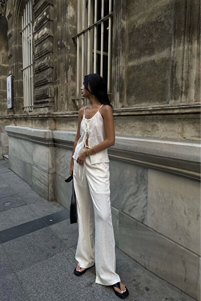 Eka Σετ γυναικεία μπλούζα και παντελόνι εκρού - Ζαρτιέρες και κορδόνια 1006-5112