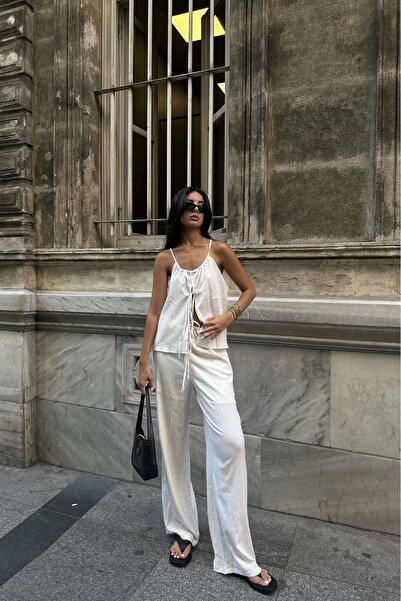 Eka Σετ γυναικεία μπλούζα και παντελόνι εκρού - Ζαρτιέρες και κορδόνια 1006-5112