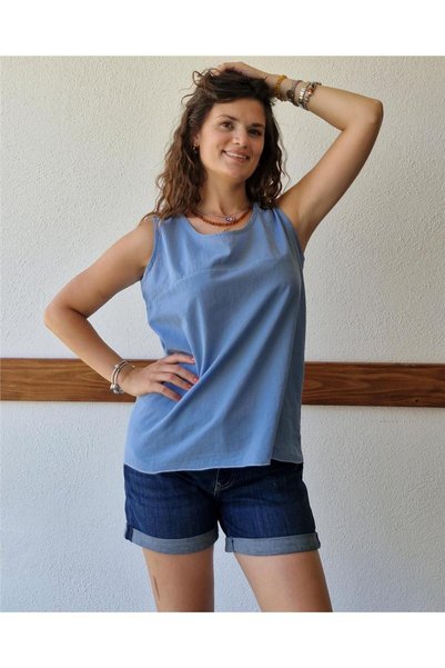 ByEnBi Sleeveless Cotton Blouse with Back Button Detail, Dark Blue