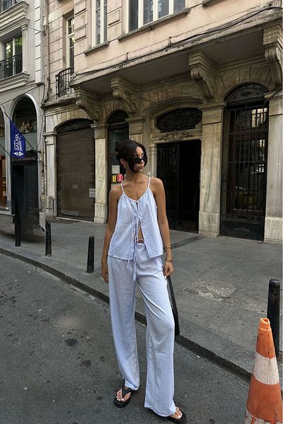 Eka Set bluză și pantaloni pentru damă cu bretele albastre - 1006-5112