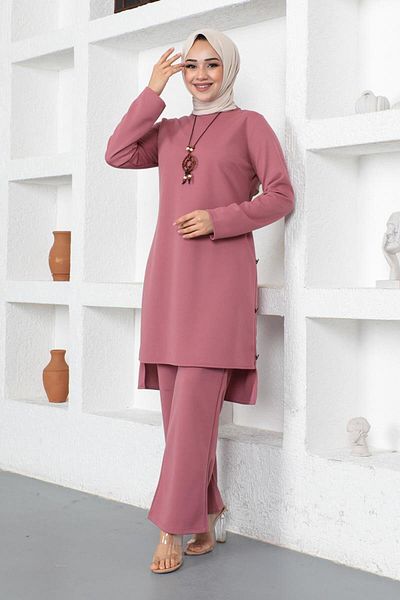 Moda Ebva Necklace Button Detailed Double Hijab Set-3127 Dried Rose