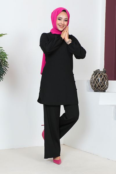 Moda Ebva Button Detailed Wrapped Fabric Hijab Set-3153 Black