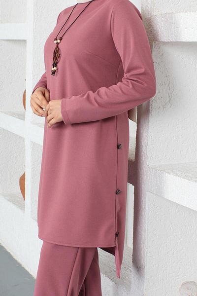 Moda Ebva Necklace Button Detailed Double Hijab Set-3127 Dried Rose